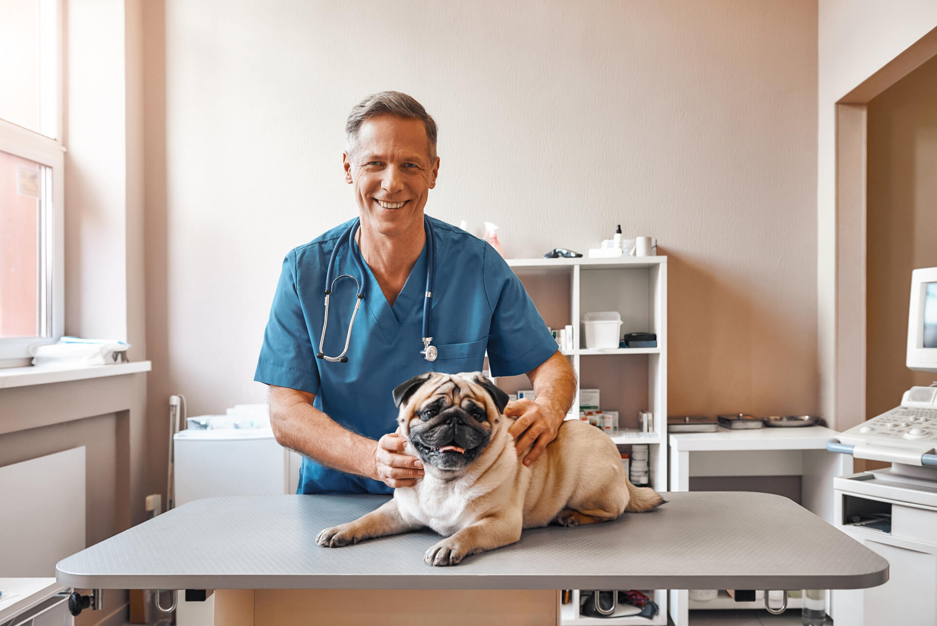 Veterinário sorridente no consultório com cão deitado na mesa